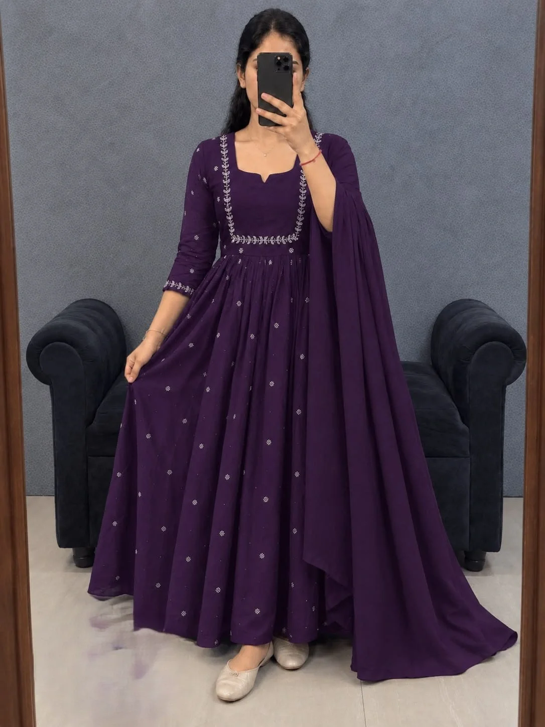 Anarkali Gown Dupatta Fendi silk